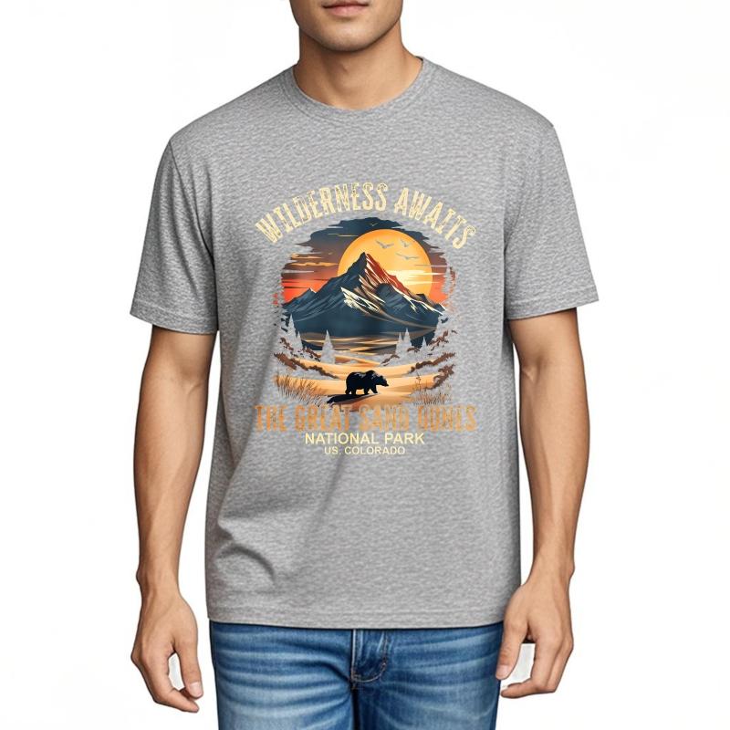 Graphic Summer Teenagers T Shirt Wilderness Awaits Mountain Sunset Bear Trees Dunes Park Colorado Short Sleeve Street Wear Crew