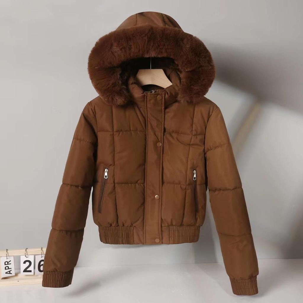Women's Short Winter Cotton Parka with Fur Collar - Thickened Korean Style Velvet Jacket