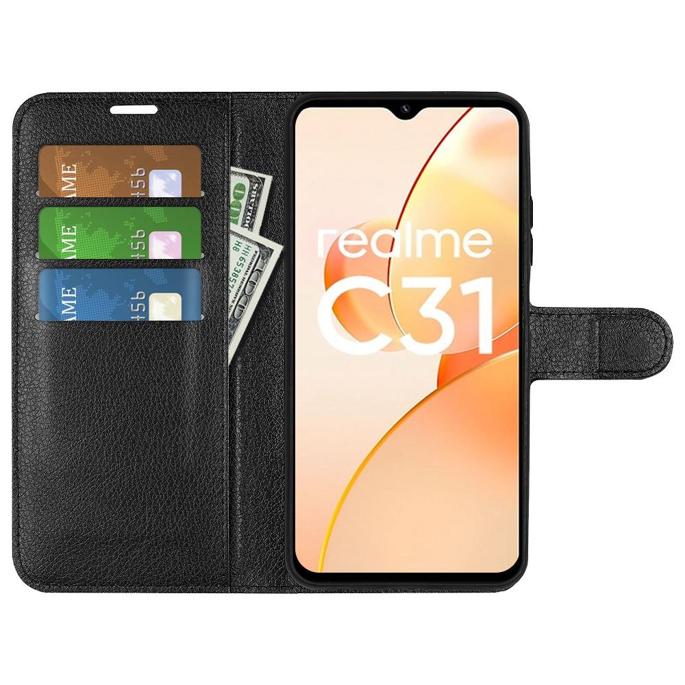 

For Realme C31 4G Litchi Texture Stand Wallet Phone Cover PU Leather Case Black