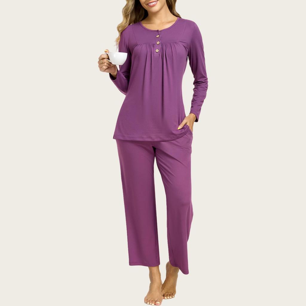 European & American Women's Fashion: Autumn 2025 2-Piece Pajama Set – Casual Long Sleeve Top & Pants with Pockets