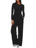 Solid Color Casual Long Sleeve Top and High Waist Wide Leg Pants Sportswear Set
