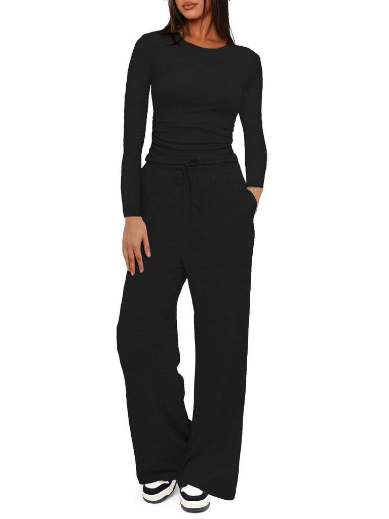 Solid Color Casual Long Sleeve Top and High Waist Wide Leg Pants Sportswear Set