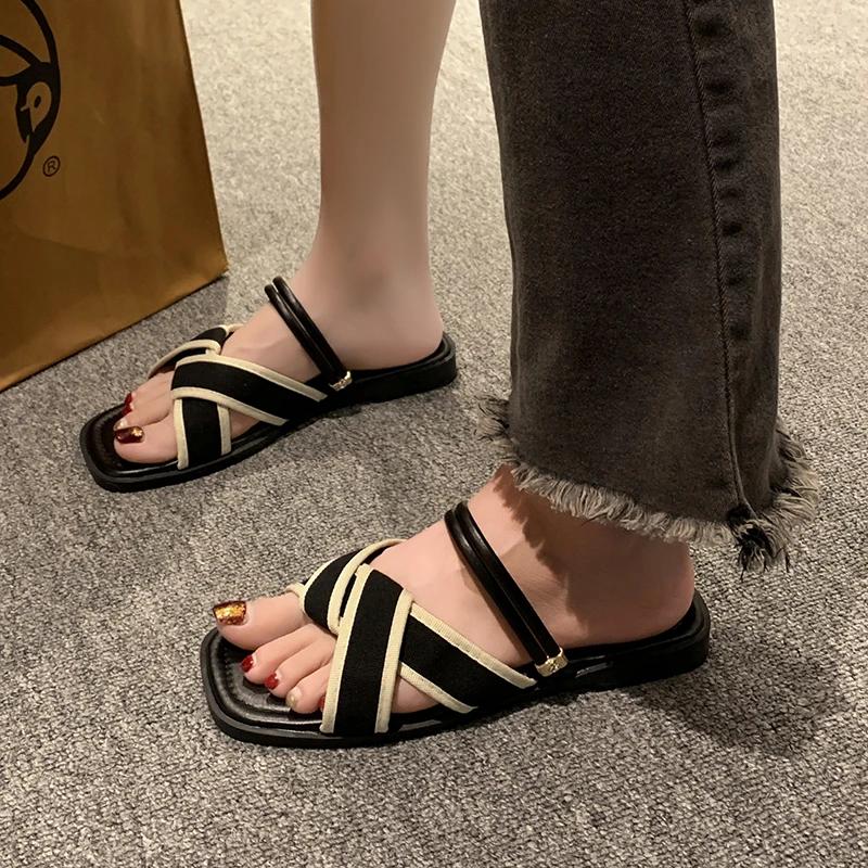 Slippers Women Summer Shoes Low Pantofle Shale Female Beach Slides Fashion Flat Luxury Cotton Fabric PU Rubber Rome