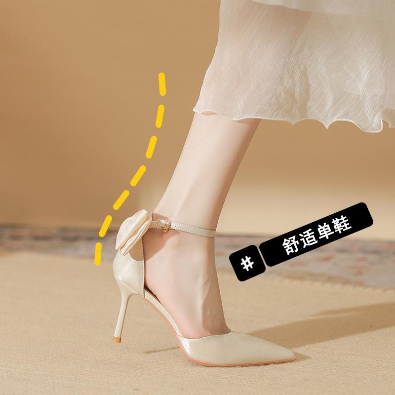 82329 [sheepskin] high heels women's thin heels 2025 new pointed one-word with temperament bow single shoes