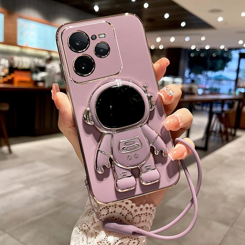 

Силиконовый противоударный чехол для телефона OPPO Realme GT 7 Pro с гальваническим покрытием, мультяшный астронавт, подставка, ремешок, чехол для OPPO Realme GT 6T GT NEO 6 SE For Realme GT NEO 6 светло-фиолетовый