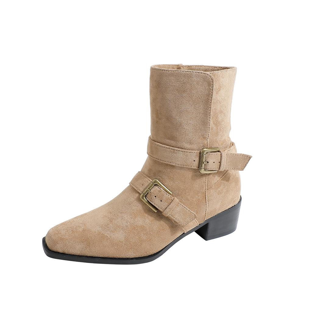 New foldable thick heel square head belt buckle short boots women's short western boots retro thin boots women's