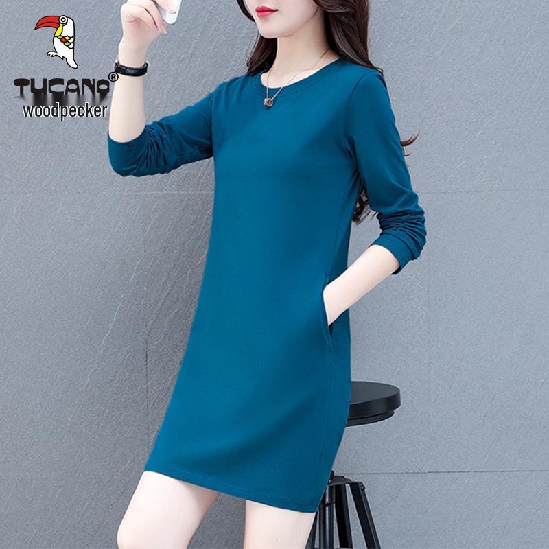 Women's Long-Sleeve Cotton Mid-Length T-Shirt Dress - 2025 Spring/Autumn Casual Versatile Style