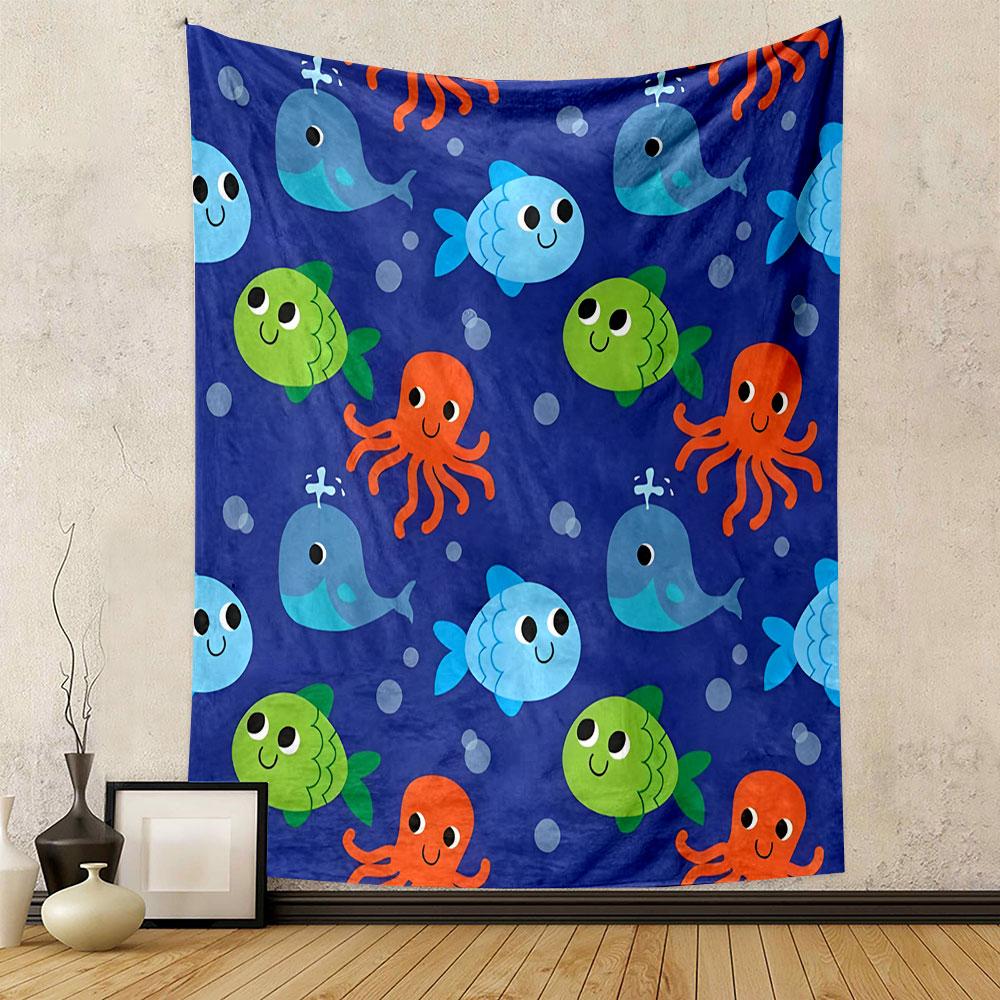 Cute Sea Creatures with Smiling Faces Patterned Tapestry Decorative Wall Hanging, Home Bedroom Living Room Decor