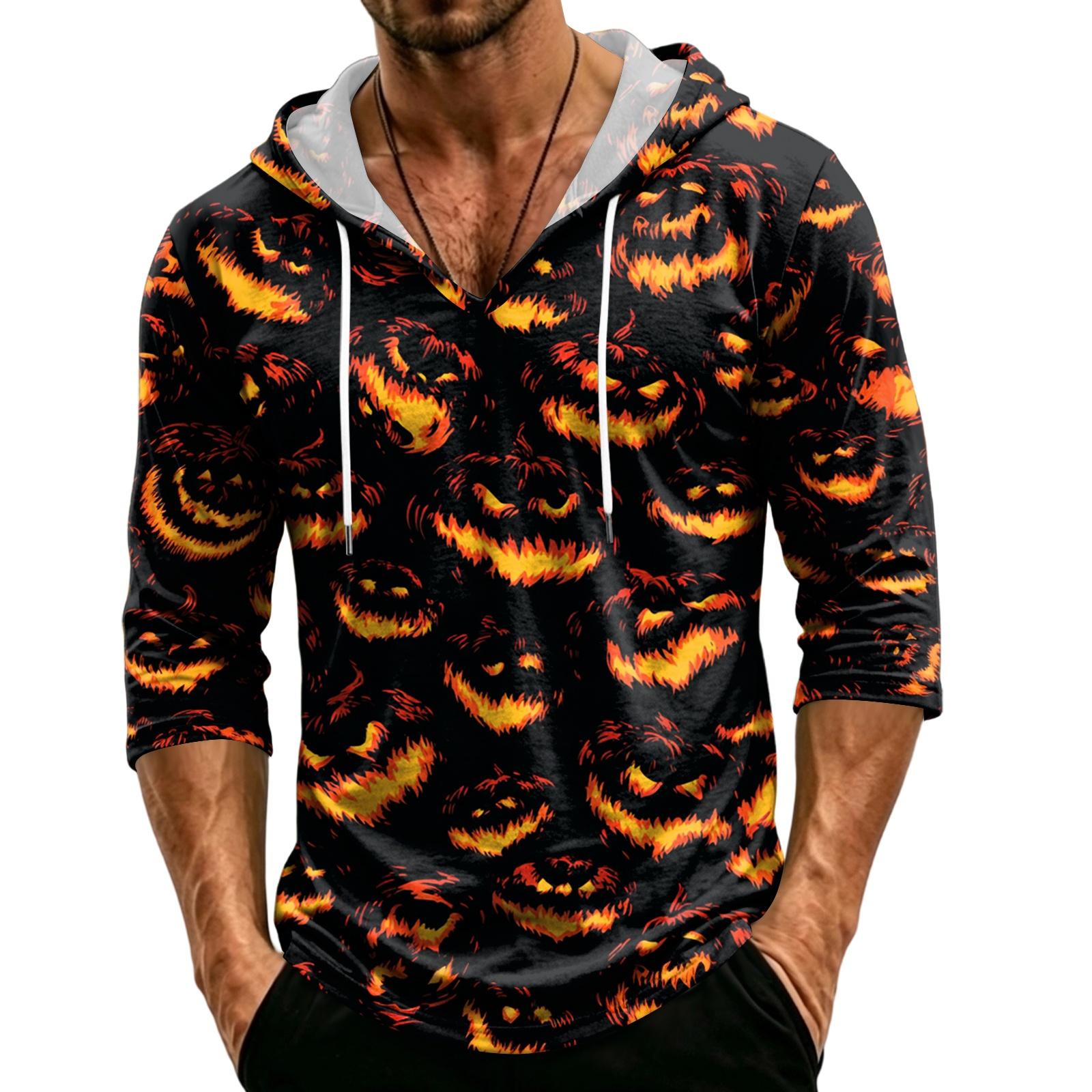 Men s Casual Hooded Three-Quarter Sleeve T-Shirt with Halloween Print for Holiday Wear M чёрный