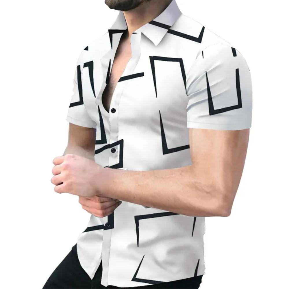 New Men's Striped Print Shirt, Casual Short Sleeve Turn-down Collar Summer Tops