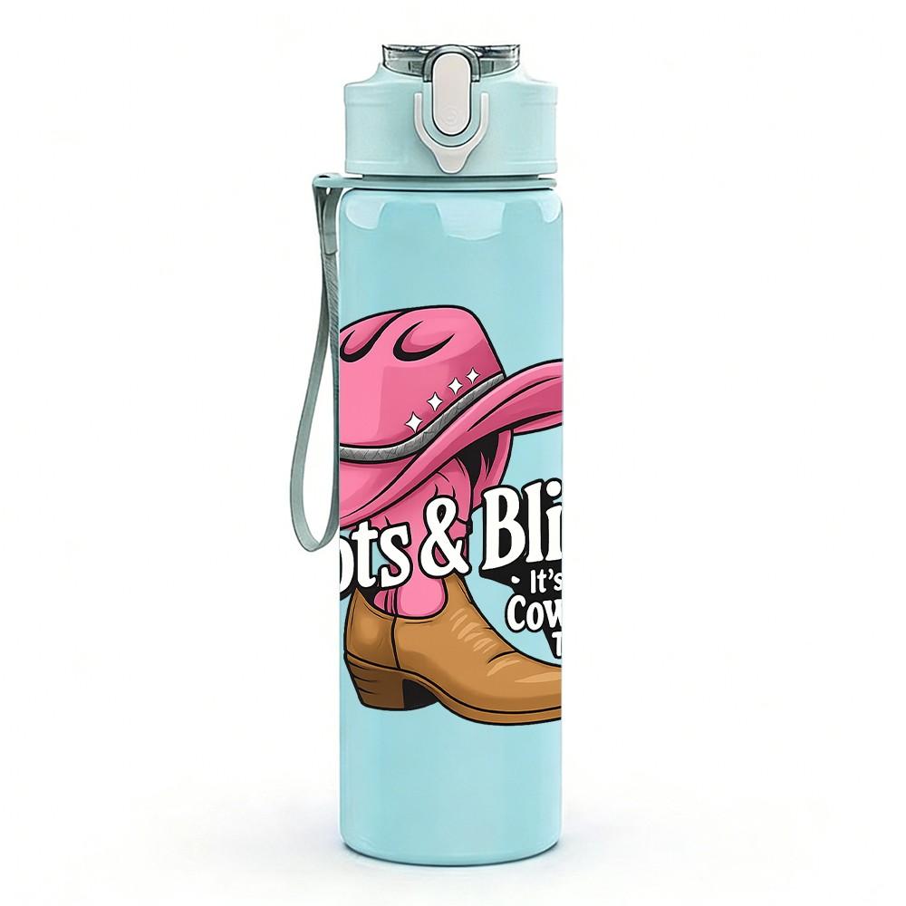1PC Boots Bling Cowboy Hat Art 750ml Color Plastic Sports Water Bottle Leakproof Flip Straw Lid Suitable for Sports Office Home Use