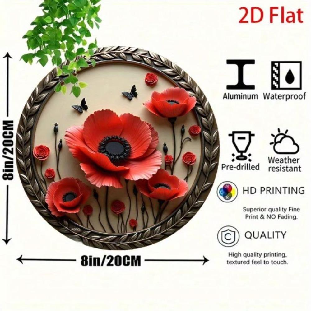 Vintage Cartoon Metal Tin Sign Wall Decor Red Poppies Black Butterflies Round Aluminum Plaque
