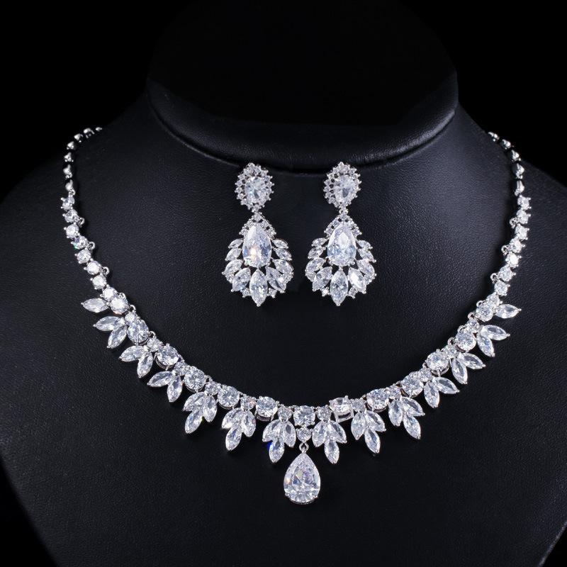 

T0140 Высококачественный комплект из двух предметов: серьги и ожерелье, ожерелье с цирконом, ювелирные изделия, вечернее платье, свадебное платье, подходящие белый