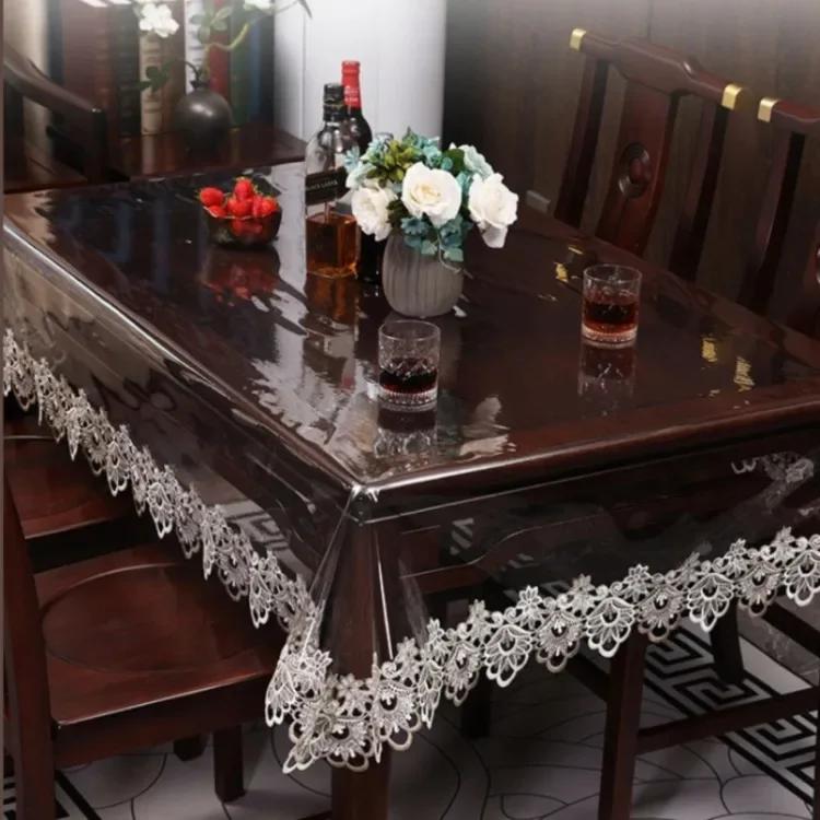 Transparent Dining Tablecloth PVC Waterproof Embroidery Lace Coffee Tables Cover Rectangular Party Home Decoration Accessories