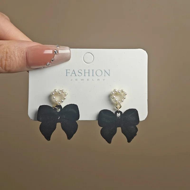 LATS Red Black Bowtie Earrings for Women Girls Simulated Pearl Cloth Bow Tie Earrings Jewelry Ear Accessories Beautiful Gifts
