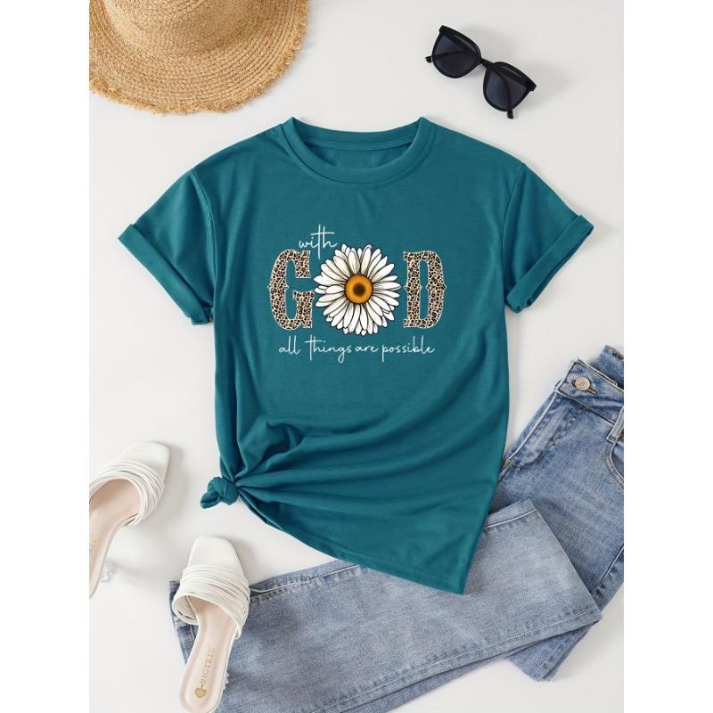 Round Neck Short-sleeved T-shirt with Lettering and Floral Patterns, Suitable for Casual Women's Wear in Spring and Summer