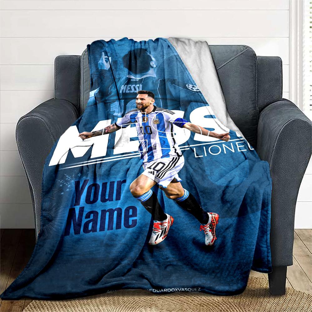 Football Messi Personalized Text Blanket Gift Customizable Blanket Soft Warm Cozy Throw For Picnics Nap Bed Sofa Ideal for All Seasons