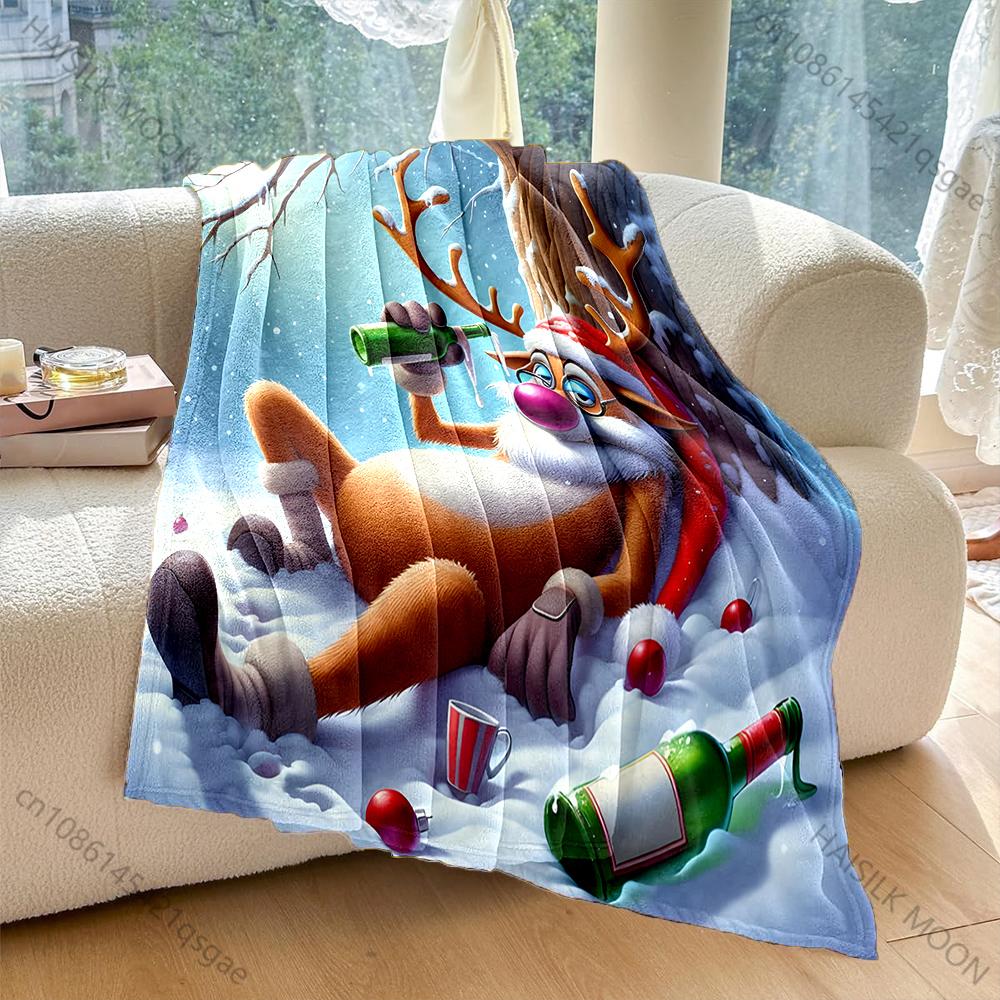 

Festive Reindeer Lounging with Bottles Pattern Blanket Flannel Material Soft Warm for All Seasons Home Outdoor Camping Picnics 75x90cm