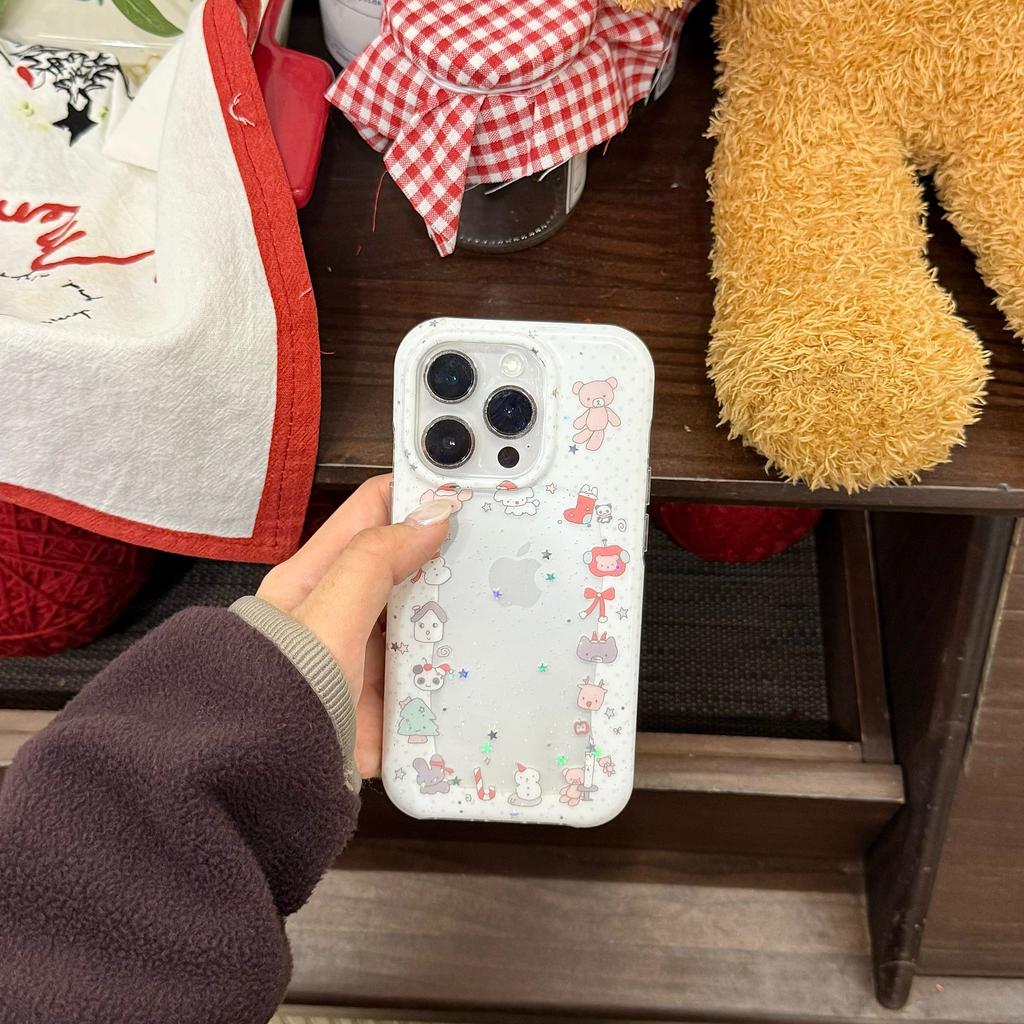 Festive Cute Cartoon White Sparkly Christmas Po Frame Phone Case for iPhone 17 16 15 14 11 12 13 Pro Max Plus Back Cover