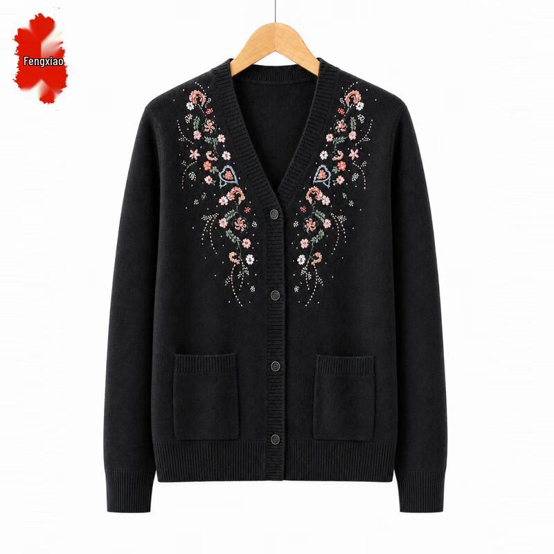 Women's V-Neck Embroidered Rhinestone Knit Cardigan for Mature Ladies