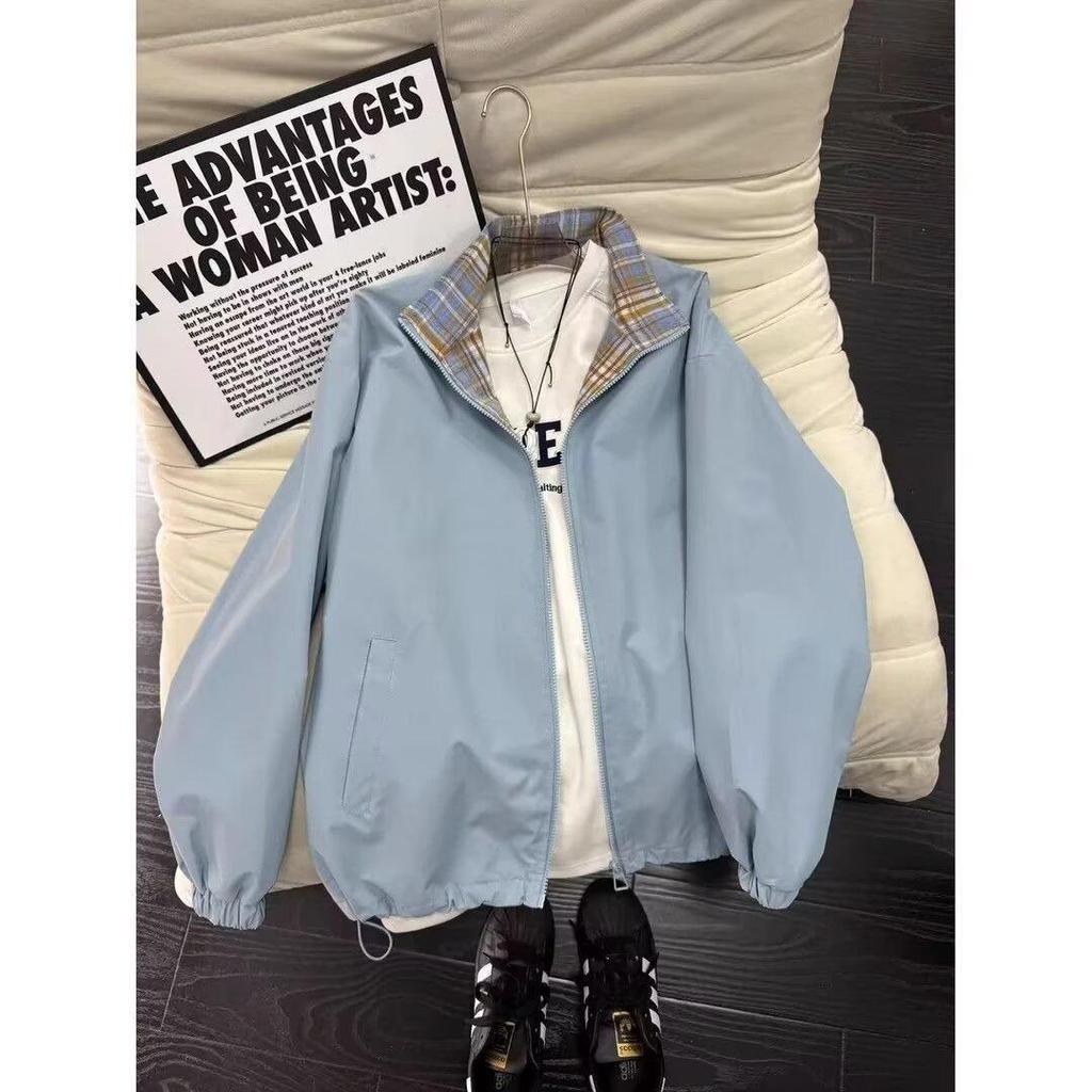 Men's Color-Block Plaid Stand-Up Collar Sports Jacket - Spring/Autumn Loose Casual Windproof Outerwear, Hong Kong Style.