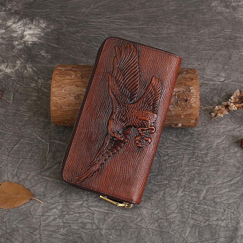 Wallet Men's Pure Cowhide Vintage Embossed Long Zipper Personality Clutch Bag Large Capacity Money Clip