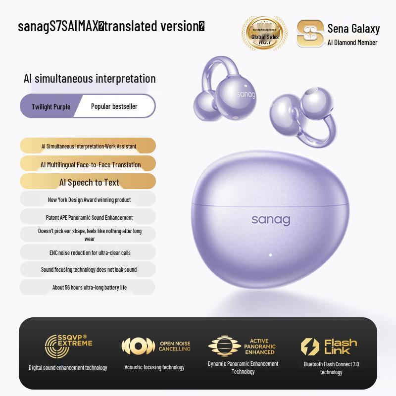 Sanag S7S Bluetooth Ear Clip Earphones with AI Translation and Air Conduction for 2025 Sports - Open, Not In-Ear Design