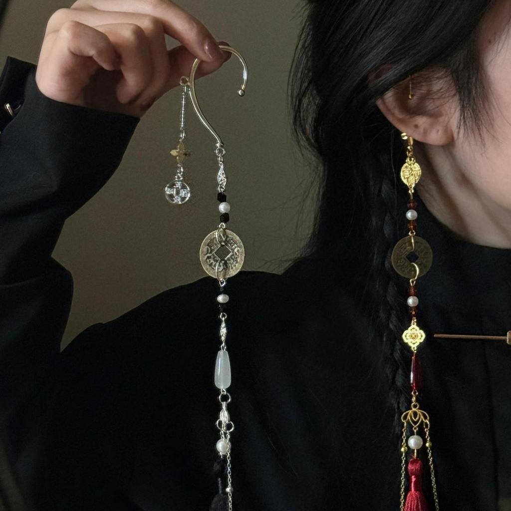 1pair Ancient Style Coin Ear Cuff with Tassel, Mountain Ghost Coin Ear Jewelry, Hanfu Matching Vintage Ornaments for Men and Women