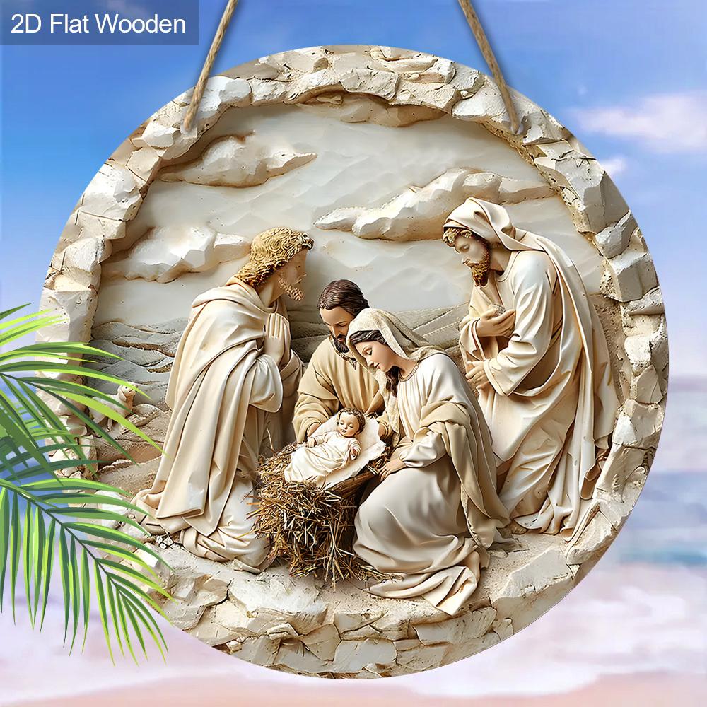 Nativity Scene Wooden Sign, The Son of God Round Sign for Front Door Wall Hanging Decor, Ideal Christmas Ornament