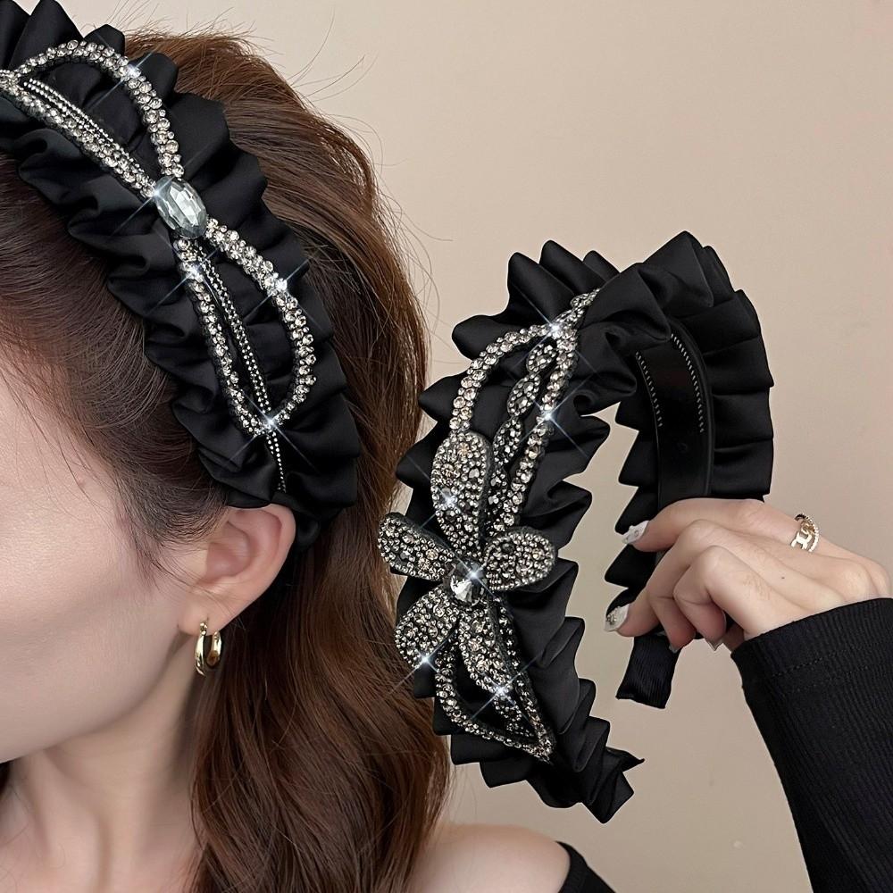 Rhinestone Black Hairband Cloth Wrinkle Headband Luxury Women Hair Hoop  Daily