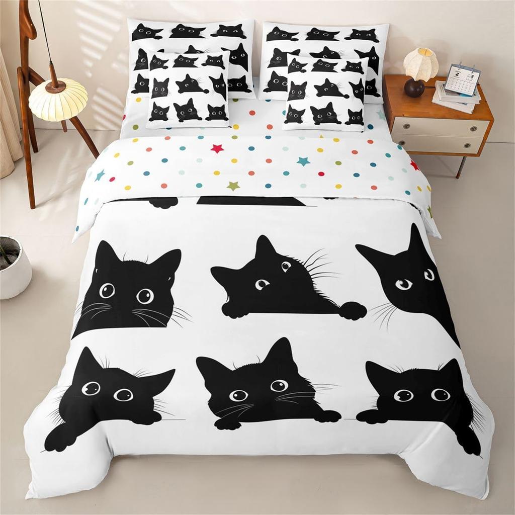 Bedding Sets 2Pcs,Watercolour Bedding Set, Black Cat Quilt Cover and Pillow Cases Soft Microfiber Duvet Cover for Boys and Girls