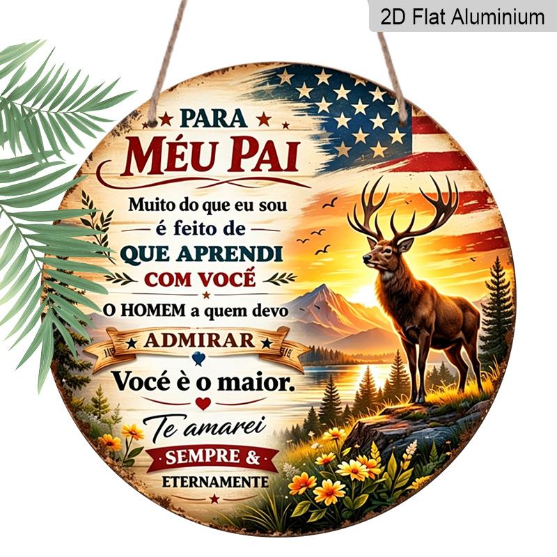 2D Flat, 1pc Portuguese Fathers Day Aluminum Sign, Vintage Deer Sunset Patriotic Design, "Para Meu Pai" Quote Decorative Sign for Home, Pub, Cabin