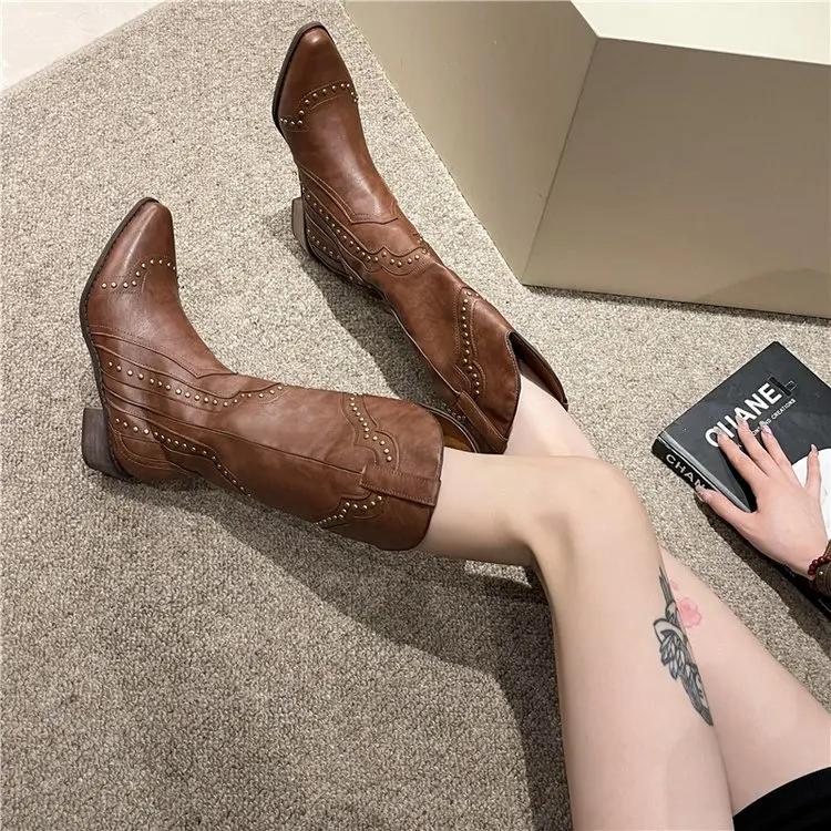 Fashion 2025 Spring New Retro Rivet Western Cowboy Boots Women's Knight Boots British Style Square Head Thick Heel High Boots