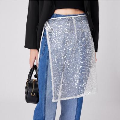 Jupe en dentelle pailletée à mailles pour femmes, ourlet de jupe superposée florale, couvre-hanches, jupe rideau de pet tendance