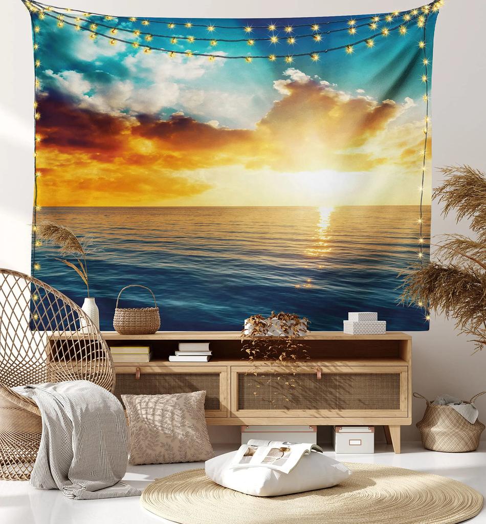 Ocean Sunset  Landscape Tapestry Purple Clouds and Gloden Sunshine Tapestry Wall Hanging Decoration for Dorm Living Room Bedroom