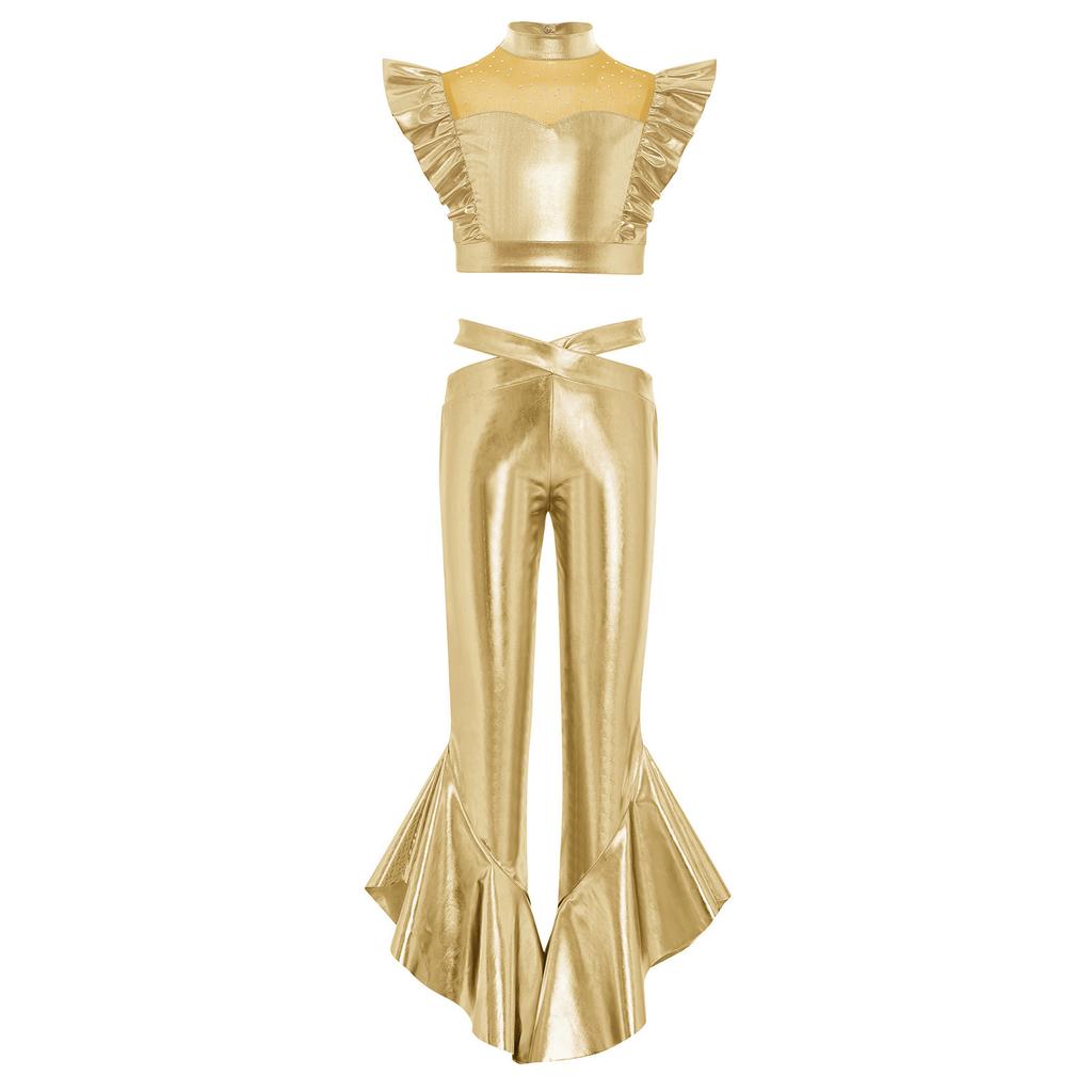 Girls Dance Crop Top with Flared Pants Mock Neck Sleeveless Mesh Rhinestone Ruffle Metallic Outfit Set