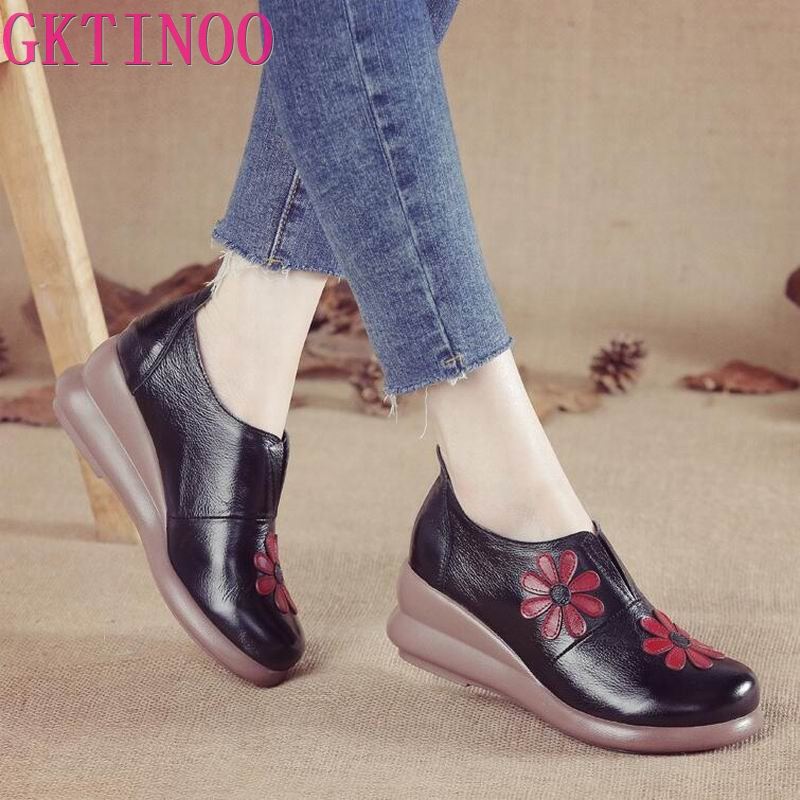 Fashion GKTINOO Women Embroider Flower Fashion Flat Increase Wedges Shoes Genuine Leather Ethnic Design Women's Shoes Ladies Loafers