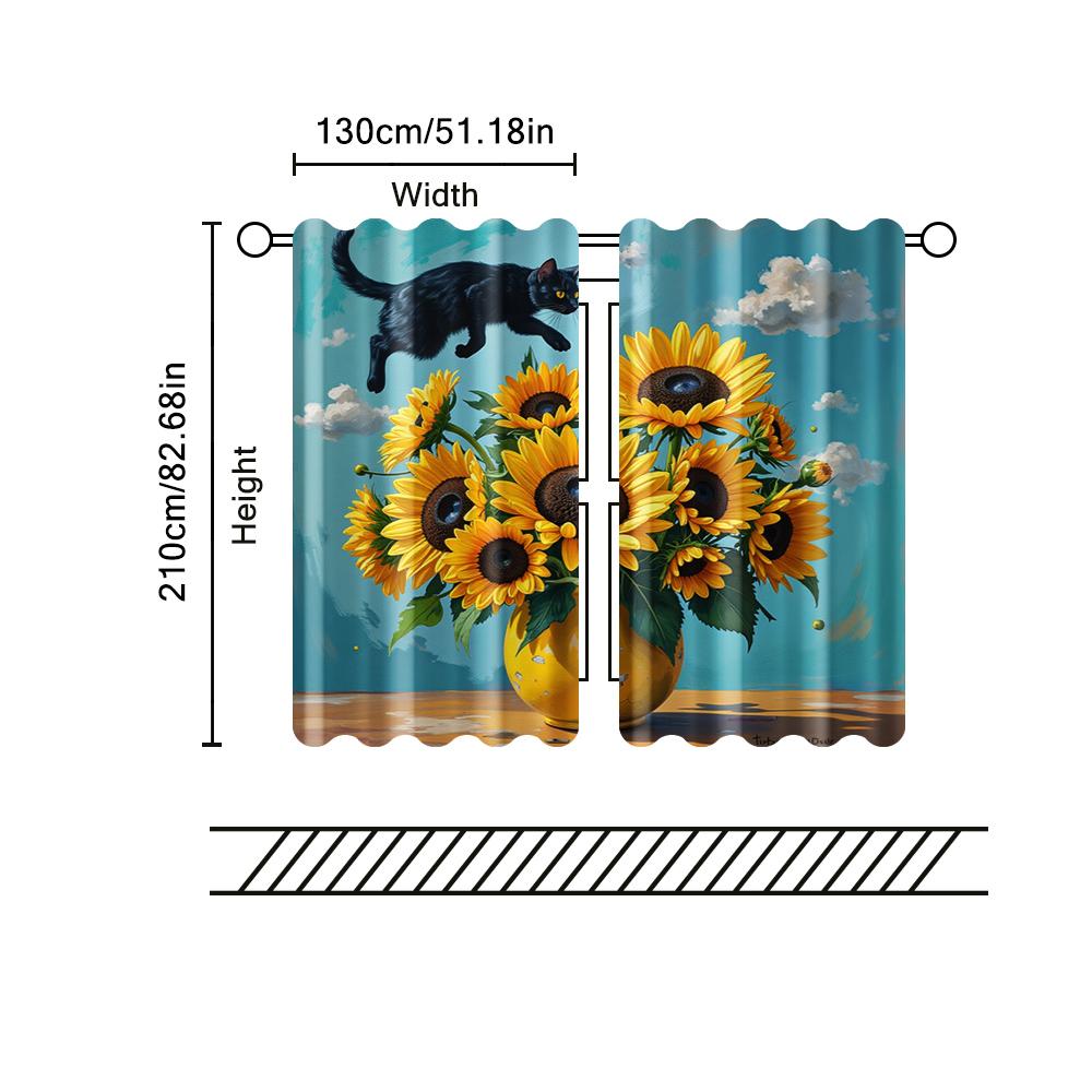 2 Pcs, Filtering Curtains (excluding Rods, Non-movable, Without Batteries) Funny Black Cat Vase for Use In Bedrooms and Living