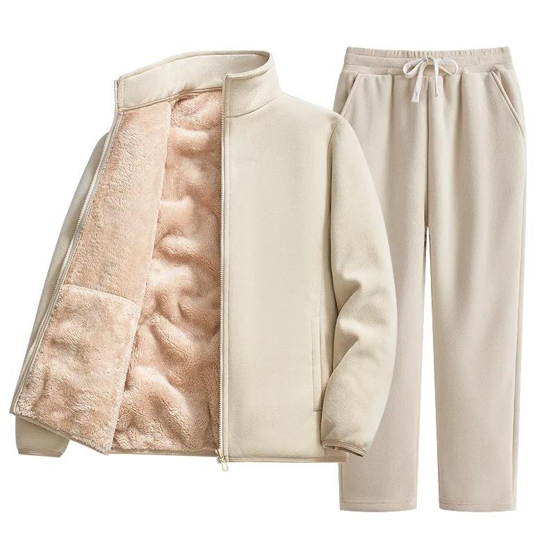 Winter Men's Women's Wool Hooded Long Pants Set Warm Cold Resistant Thick Sportswear Two-piece Set Casual Sportswear