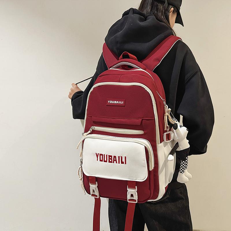 Women Contrast Color Stitching Backpack High School Students Schoolbag Men Large Capacity Backpack