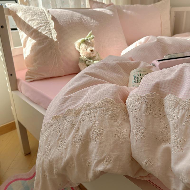 

Class A French Bedding Four-piece Set of Pure Cotton Cotton Double-layer Yarn Quilt Cover Bed Sheet Summer Bed Hat Bed Sheet Set Flat Bed Sheet&200x230cm