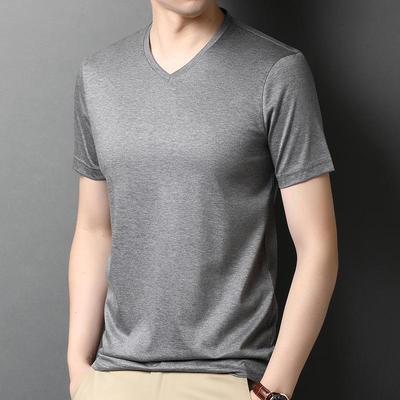 2024 Men's Casual V-Neck Silk T-Shirt: Short-Sleeved, Solid Color, Versatile Summer Top for All Ages