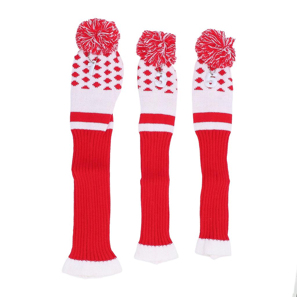3PCS Stripes Knitted Club Head Covers 3 Piece Set 1 3 5 Headcovers with Pom Pom Decoration Snug Fit Red
