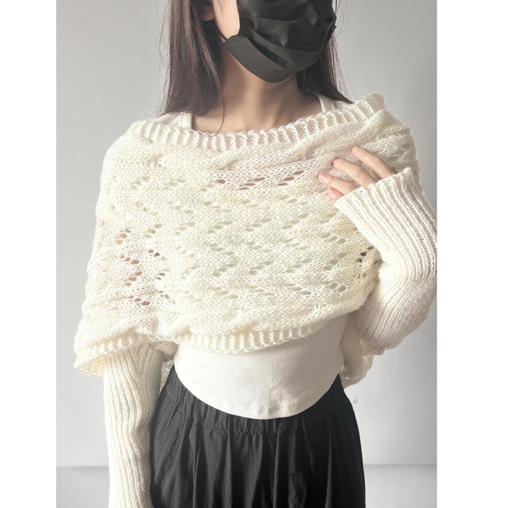 Autumn Winter Women'S Knitted Shawl Scarf With Long Sleeve Outdoor Warm Soft Windproof Hollow Out Crop Top Shrugs Shawl Scarf