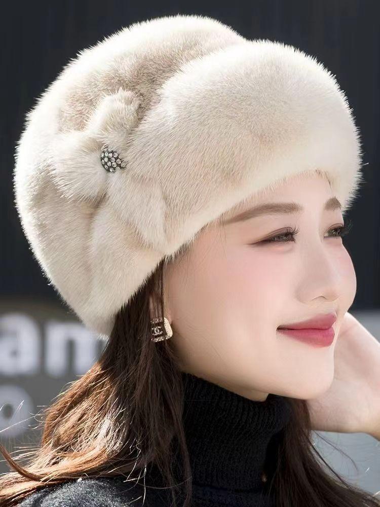 Women's Winter Mink Fur Imitation Top Hat Fashionable Leather Warm Hat Fur Toe Cap