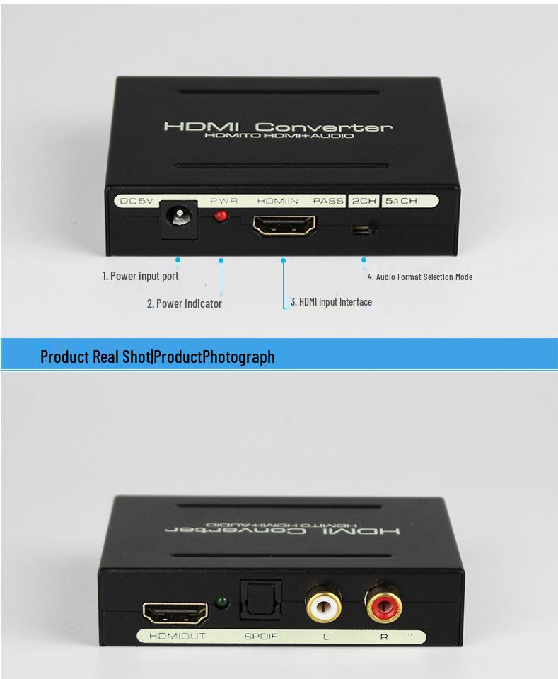 HDMI Audio Extractor: HDMI To HDMI + Audio (SPDIF + R/L) Signal Converter with Power Supply