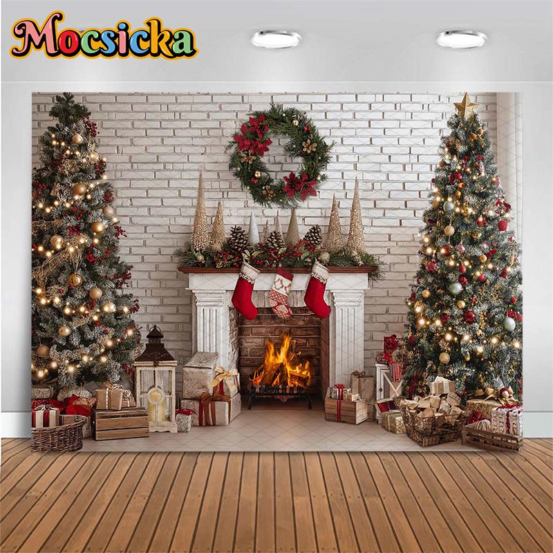 Mocsicka Christmas Fireplace Photography Background Home Xmas Tree Decoration Adult Children Photo Backdrop Holiday Party Banner