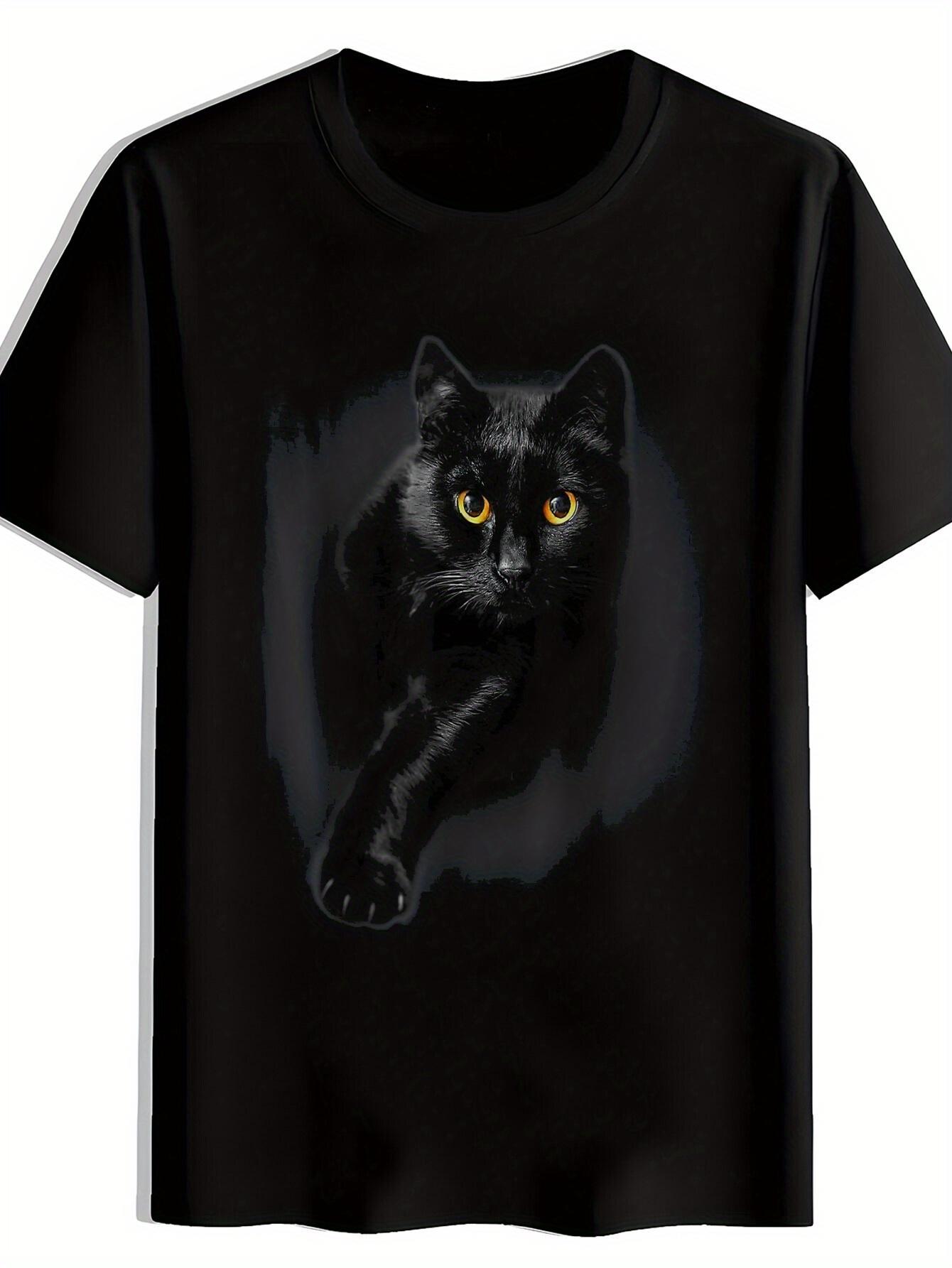 T-shirt Black Cat Graphic with Yellow Eyes - Casual Summer Short Sleeve Crewneck L