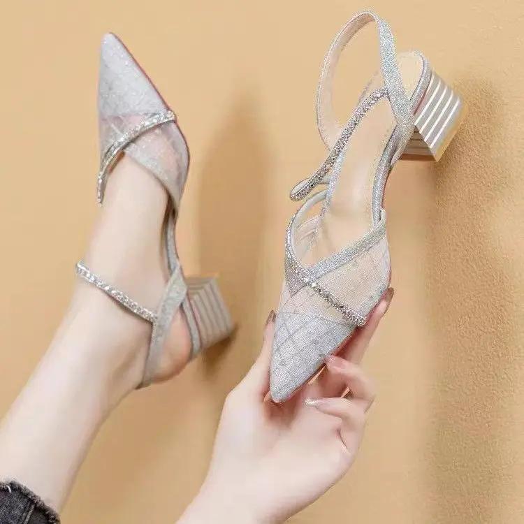 Pointed Toe Women's Sandals With Medium Heels Ladies Shoes 2025 Luxury Summer Comfortable Sandal The Best Offers Asian Size Shoe