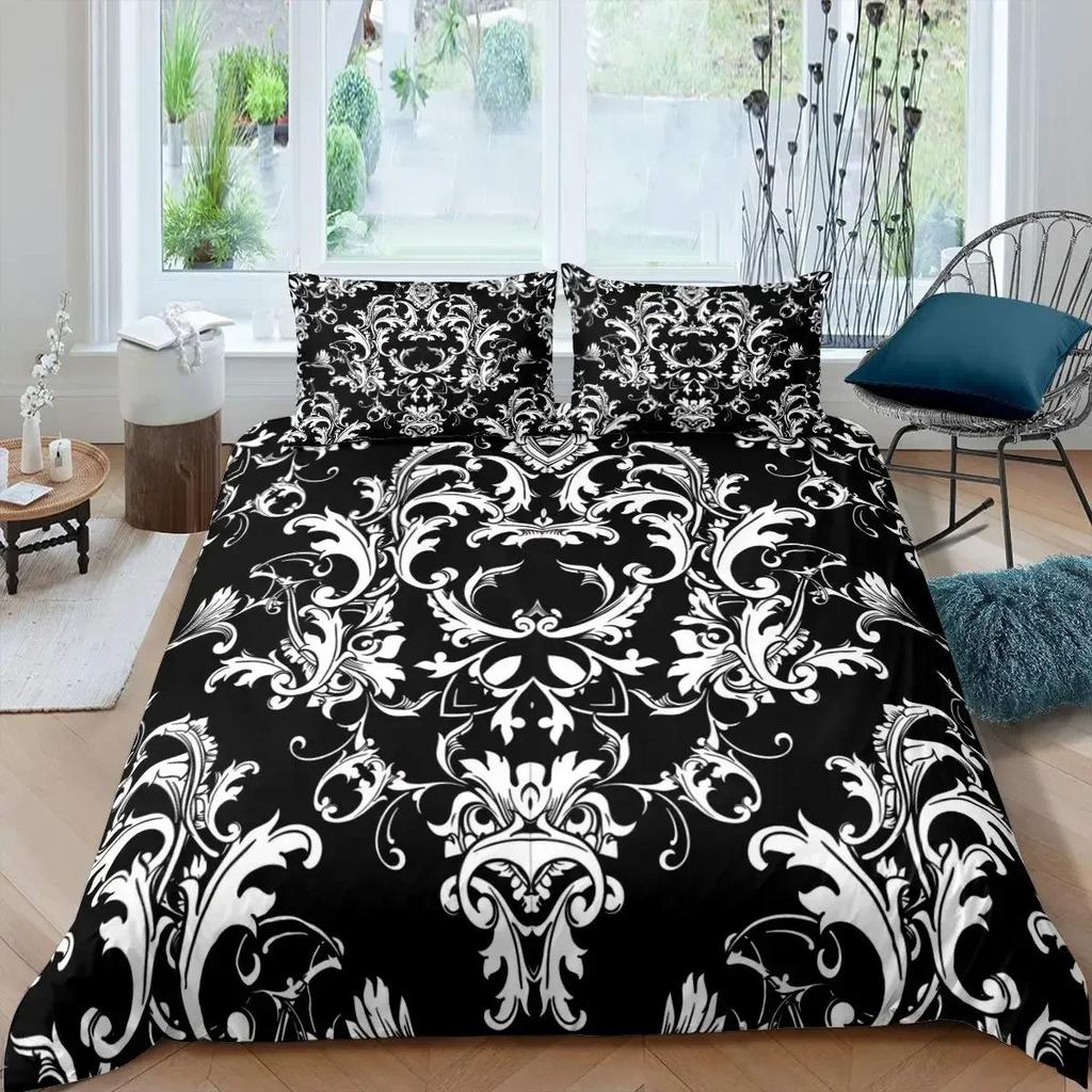 Erwachsene Schwarz Damast Bettbezug Set KingAntikes Viktorianisches Barock Bettwäsche Set Gothic Vintage Floral Böhmisch Exotische Bettdecke
